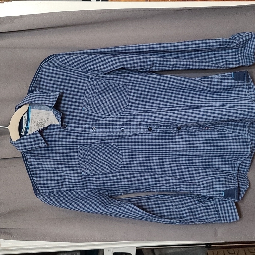 Tranquility Mayhem Men's Shirt  Blue Plaid Button Down Stretch Slim Fit Sz S EUC